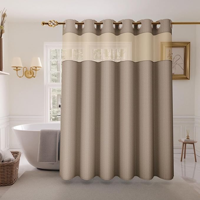 Inhousolu Long No Hook Shower Curtain with Snap in Fabric Liner Set Waffle Weave 230GSM Weighted Hem, Waterproof & Washable Bathroom Curtain Spa Luxury with Mesh Top Window 72" W x 78" L Beige