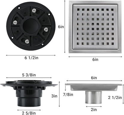 6 Inch Square Shower Floor Drain, Stainless Steel Black Shower Drain Kit with Flange, Floor Drain with Removable Grid Cover,Brushed Nickel