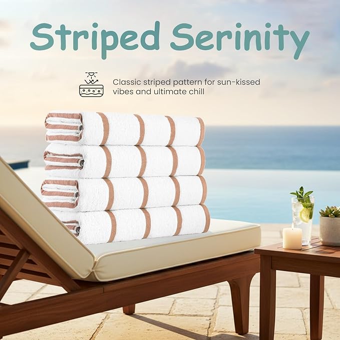 CASA COPENHAGEN Cabana Pool 2 Pieces Large Bath Sheet Set 70" x 35", 550 GSM, Designed in Denmark, Made of Soft Egyptian Cotton for Bathroom, Beach & Shower - White Beige Stripe