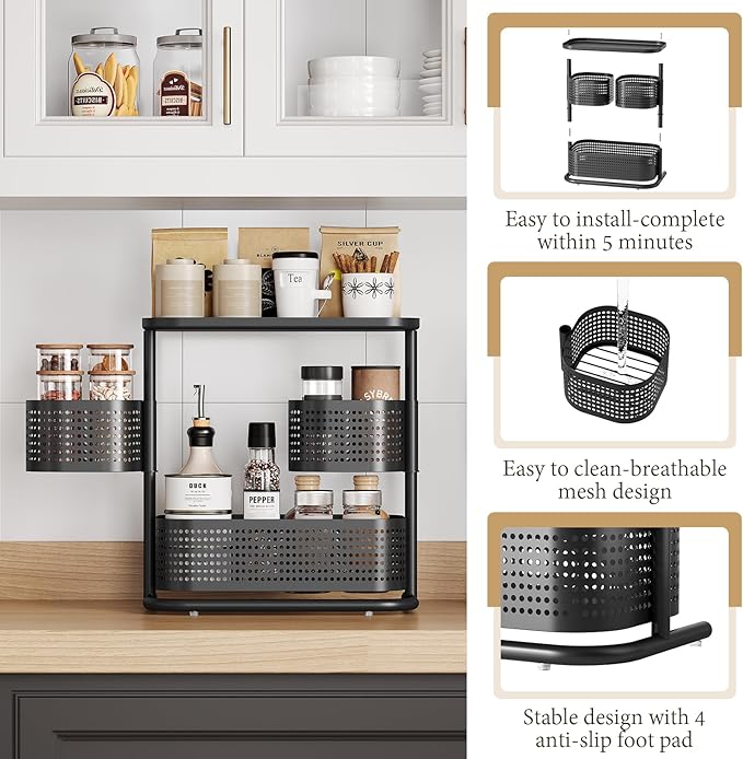 KINGRACK Bathroom Counter Organizer, 3 Tier Rotating Vanity Bedroom Storage cabinet, Cosmetic Holder Standing Shelf, Bathroom Tray for Countertop Storage, Kitchen Spice Rack, Black