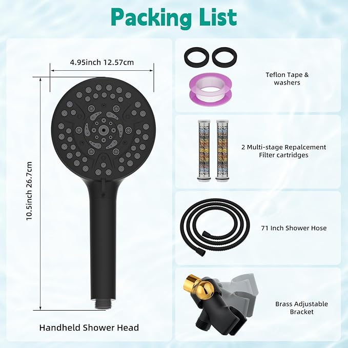 Hibbent Filtered Shower Head with Handheld, High Pressure 10 Spray Showerhead with Filters, Water Softener for Hard Water-Remove Chlorine, Reduces Dry Itchy Skin, Improve Skin& Hair Texture, Black