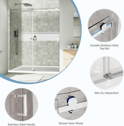 48" x 72" Frameless Sliding Shower Door, (1/4") Tempered Glass, Heavy-Duty 304 Stainless Steel Hardware, Adjustable 46-48" Width, Silent φ45 Rollers & 6" Handle, No-Leak F-Type/Bubble Seals