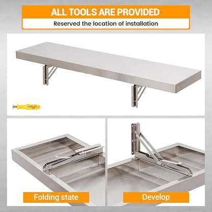 Stainless Steel Folding Concession Shelf 24" x 12", Drop Down Folding Wall Shelves, Heavy Duty Foldable Wall Mount Shelving for Concession Windows, Food Truck, Kitchen, Garage, Laundry Room