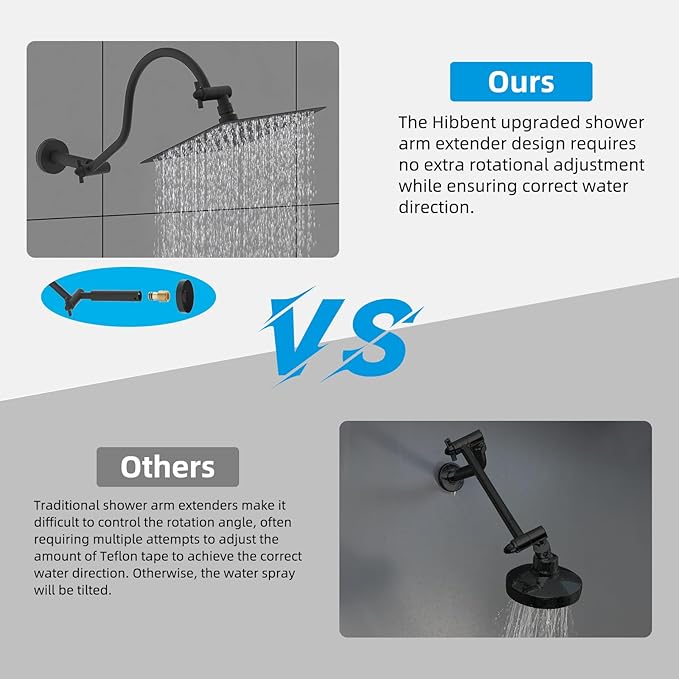 Hibbent All Metal Upgraded 18'' Shower Head Extension Arm, Shower Arm with Flange, Solid Brass Flexible Height & Angle Adjustable Shower Extender with Lock Joint, Universal Connection, Matte Black