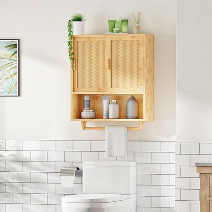 HOOBRO Bathroom Cabinet Wall Mounted, Bamboo Medicine Cabinet with Towels Bar & Adjustable Shelves, Over Toilet Cabinet, 23.6 x 7.9 x 28.5 Inches, for Bathroom, Laundry, Kitchen, Natural YL63CW01