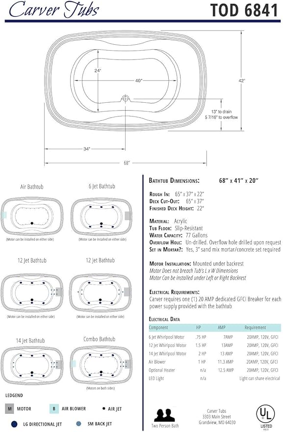 Carver Tubs - TOD6841 - Modern Acrylic Fiberglass Whirlpool Tub Water Massage Bathtub, w/ 12 Jet - White Acrylic Spacious Two Person Oval Tub - Deep Relaxing Soak - 68"L x 41"W x 20"H