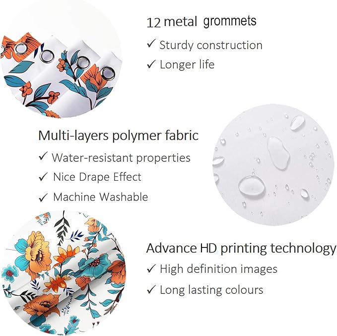 Bohemian Shower Curtain, Boho Floral Print Water Repellent Polyester Fabric for Bathroom Decor, 72×72 Inch Standard Size with 12 Hooks, Also as Room Divider