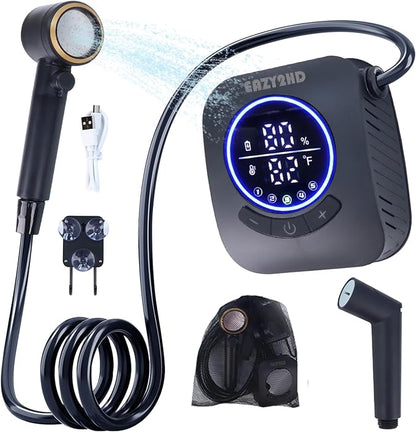Eazy2hD Portable Camping Shower 8000mAh Rechargeable Outdoor Shower Pump with Intelligent Display, 4 Spray Modes, IPX8 Waterproof for Camping, Hiking, Pet Bath,Car Washing,Surf & Boat Cleaning