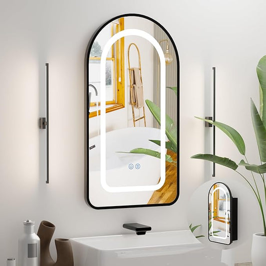 LED Arched Bathroom Medicine Cabinet with Mirror, No Assembly Needed, Recessed or Surface Mount Wall Storage Cabinet, Mirror Cabinet with Tissue Slot (Black-LED, 29.5" L x 15.7" W)