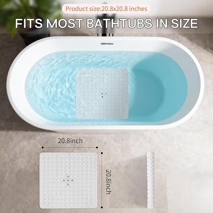 Anti-Slip Bathtub Shower mat, 20.8×20.8（Approximately 53×53cm） inch Soft Oversized Machine Washable Non-Slip Bathtub mat with Drainage Holes, Bathroom Floor Suction Cup.（1-Opaque White）