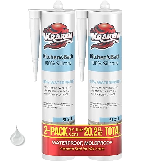 Kraken Bond Premium Kitchen and Bathroom Silicone Caulk Clear - (2x10.1 fl.oz) RTV Clear Silicone Sealant Waterproof for Kitchen, Bathroom, Shower, Sink, Anti Shrink 100% Silicone Caulking | 2 Pack