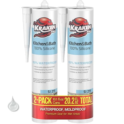 Kraken Bond Premium Kitchen and Bathroom Silicone Caulk Clear - (2x10.1 fl.oz) RTV Clear Silicone Sealant Waterproof for Kitchen, Bathroom, Shower, Sink, Anti Shrink 100% Silicone Caulking | 2 Pack