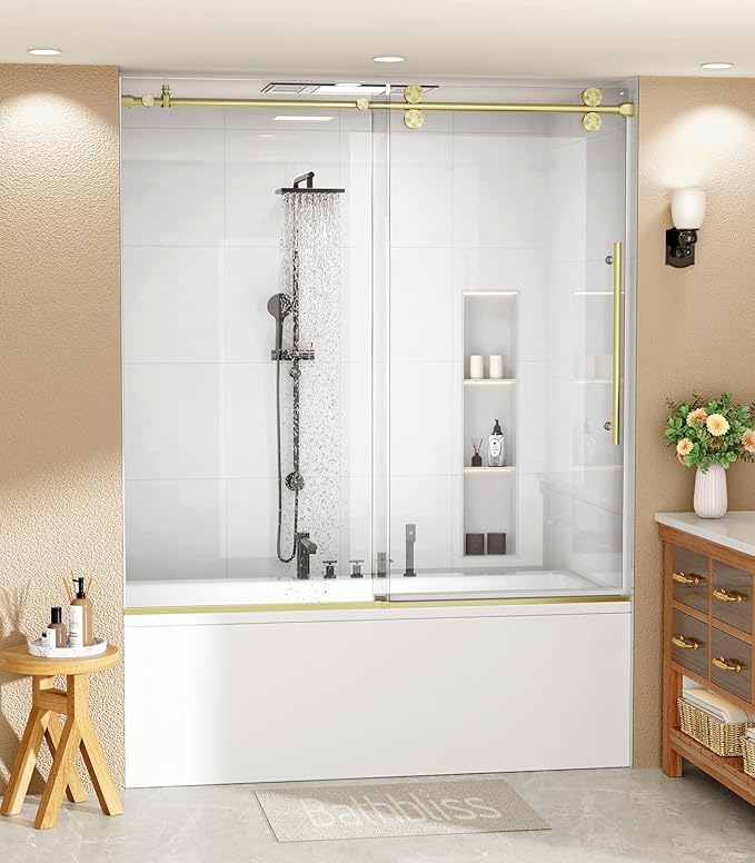 Bathbliss Glass Shower Door 56"-60" Wx60 H,Frameless Sliding Glass Door with 5/16"(8mm) Tempered Glass Shower with Brushed Gold Finish