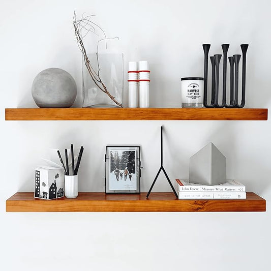 Homeforia Oak Floating Shelves 36 inches Long, High End Solid Real Wood 36 inch Floating Shelf for Room Wall, Honey Oak Wooden 36inch Kitchen Shelves, Heavy Duty Bracket, 36 X 6.5 X 1.75 in, Set of 3