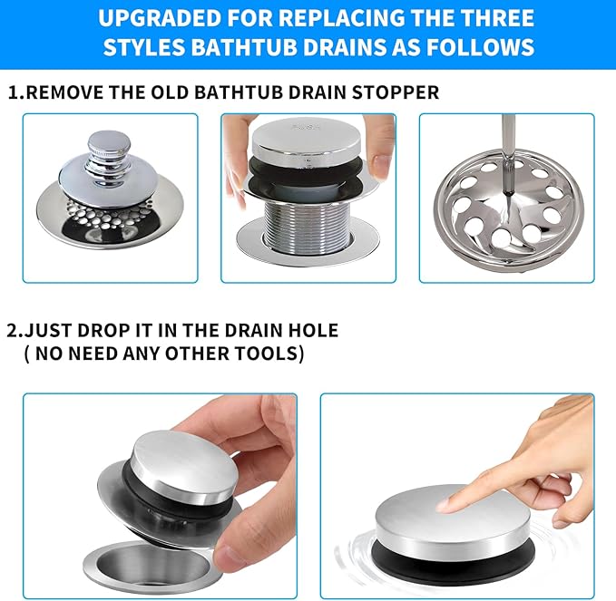 Bathtub Drain Stopper, Tub Stopper/Bathtub Plug for Tip Toe/Trip Lever/Lift&Turn Tub Drains, Bath Tub Drain Stoppers Designed for 1.5"-1.72" Drain Hole w/3 O-Rings,Chrome Plated