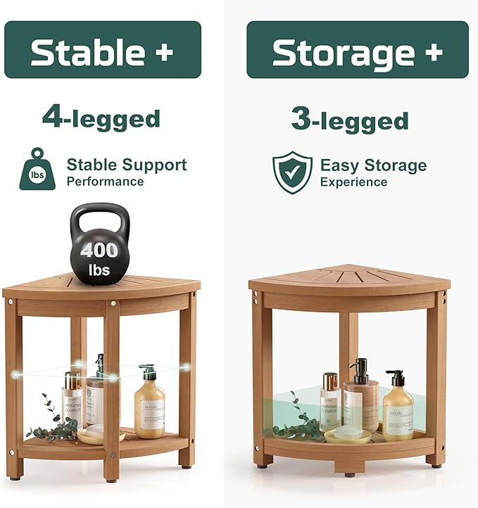 Waterproof Corner Shower Stool for Inside Shower, Poly Lumber Shower Bench Seat Chair, Bath Shower Stool for Shaving Legs Foot Rest with Storage Shelf, Adjustable & Non-Slip Feet, Teak Brown