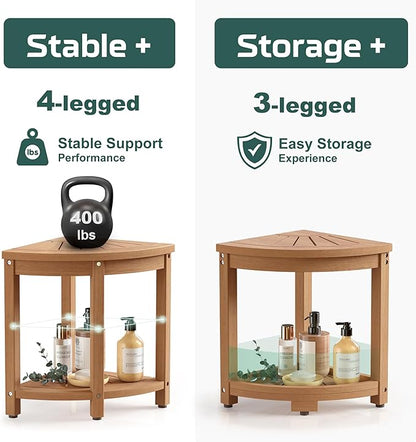 Waterproof Corner Shower Stool for Inside Shower, Poly Lumber Shower Bench Seat Chair, Bath Shower Stool for Shaving Legs Foot Rest with Storage Shelf, Adjustable & Non-Slip Feet, Teak Brown