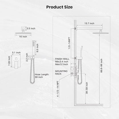 gotonovo Rainfall Bathroom Shower System Rain Shower Head and Handle Set Wall Mounted Shower Complete Combo Solid Brass Pressure Balancing Shower Mixer Valve 16 Inch Brushed Nickel