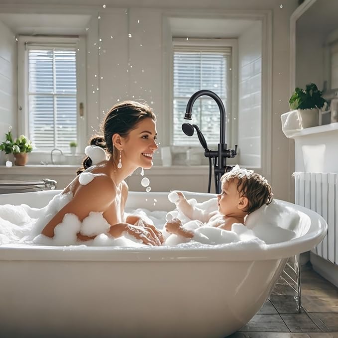 Freestanding Tub Faucet, Floor Mount Tub Faucet Oil Rubbed Bronze High Flow Tub Filler, Roman Tub Faucet with Antique Handheld, Swivel Gooseneck Spout Shower Mixer Taps (B2311-ORB)