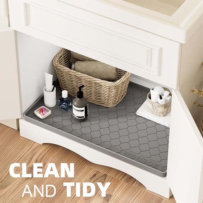 Silicone Under Sink Mat 40" x 19", Kitchen Essentials and Gadgets, Shelf Liner and Cabinet Protector, Home Organizers and Storage, Waterproof Bathroom Tray
