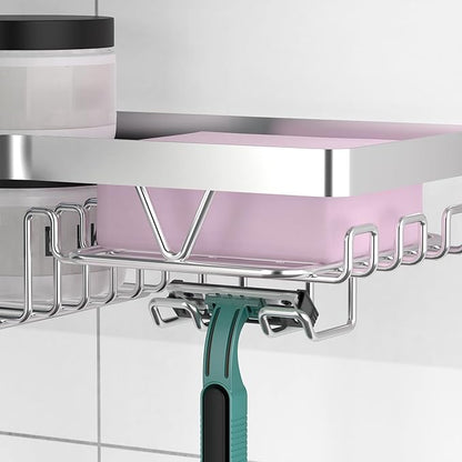 KEGII Corner Adhesive Shower Caddy, Rustproof Shower Shelf with Soap Holder & 14 Hooks, No Drilling Bathroom Rack Storage, Stainless Steel Organizer for Bathroom
