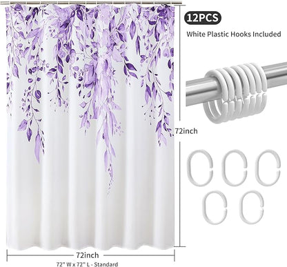 Colorful Star Purple Eucalyptus Waterproof Shower Curtain Set with Hooks, Minimalist Watercolor Floral Print Bathroom Décor, Plant Leaves Washable Fabric Shower Curtain, 72 x 72 Inch