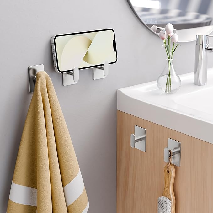 pickpiff Adhesive Towel Hooks for Bathroom: 20LB Extra Strong Wall Hanger for Shower Kitchen RV Dorm Apartment, Silver 2 Pack