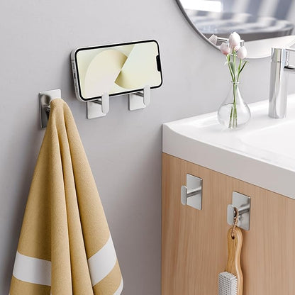 pickpiff Adhesive Towel Hooks for Bathroom: 20LB Extra Strong Wall Hanger for Shower Kitchen RV Dorm Apartment, Silver 2 Pack