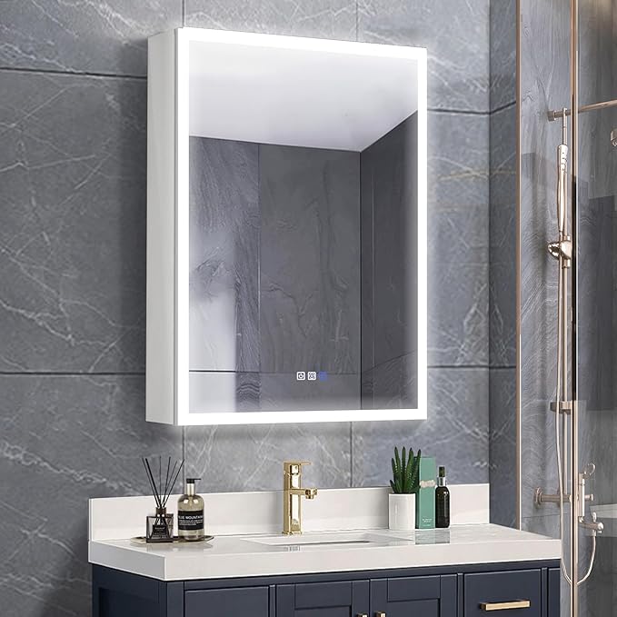 GroGro Lighted Medicine Cabinet with Mirror and Storage,24" W x 30" H LED Bathroom Medicine Cabinet with Mirror,Surface or Recessed Mounting,Defog,Dimming,3-Color Temperature,Left Opening Door