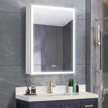 GroGro Lighted Medicine Cabinet with Mirror and Storage,24" W x 30" H LED Bathroom Medicine Cabinet with Mirror,Surface or Recessed Mounting,Defog,Dimming,3-Color Temperature,Left Opening Door