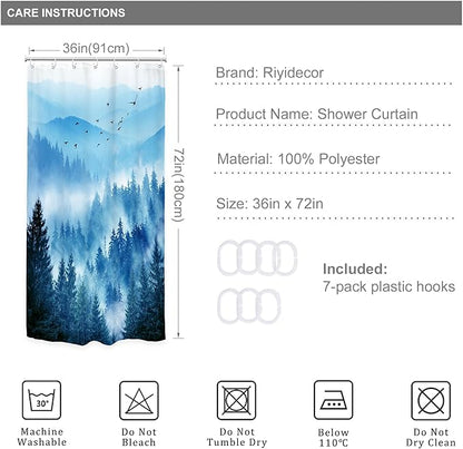 Riyidecor Stall Half Small Rv Shower Curtain 36Wx72H Inch Blue Mountain Single Stand Up Camper Camp Narrow Scenery Nature Woodland Pine Tree Bathroom Decor Fabric Polyester Waterproof 7 Pack Hooks