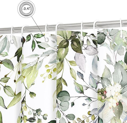 Gibelle Sage Green Eucalyptus Shower Curtain, Watercolor Plant Leaves with Floral Bathroom Decor Waterproof Fabric Shower Curtain Set 72x72 Inch White