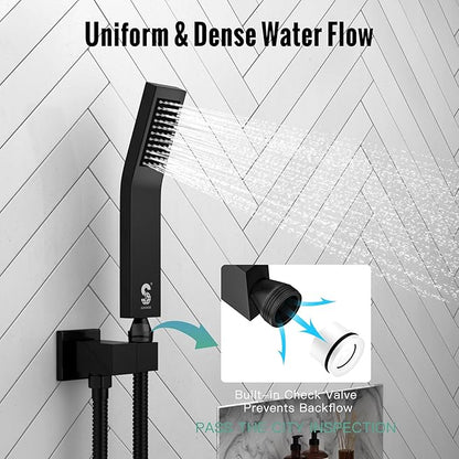 SR SUN RISE 16 Inches Matte Black Shower Set System Bathroom Luxury Rain Mixer Shower Combo Set Ceiling Mounted Rainfall Shower Head Faucet (Contain Shower Faucet Rough-In Valve Body and Trim)