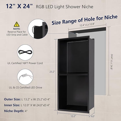 12" X 24" RGB LED Shower Niche No Tile Needed, 304 Stainless Steel Shower Niche Insert Tile Ready, Recessed Wall Shelf for Bathroom Storage Organizer with Remote Control, Matte Black