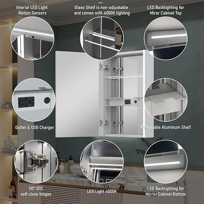 WELLFOR 20" x 30" LED Mirrored Bathroom Cabinet, Mirror Medicine Cabinet with Lights, Defogging LED Mirror Cabinet with Outlets & USB Ports, Surface Mounted, Left Opening Door, Hardwired Connected
