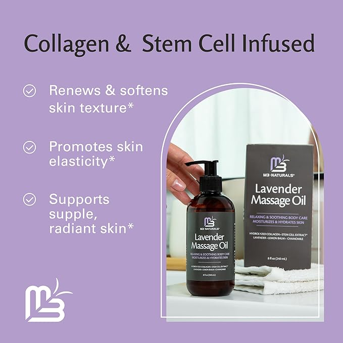 Lavender Sensual Massage Oil with Collagen and Stem Cells, Skin Tightening Therapy for Bum, Thighs, and Belly, Fast-Absorbing Cellulite Oil, 8 fl oz by M3 Naturals