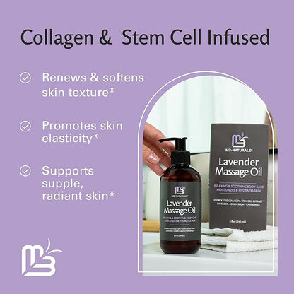 Lavender Massage Oil with Collagen and Stem Cells - Skin Firming Therapy Oil for Cellulite and Quick Absorption on Bum, Thighs, and Belly, 8 fl oz (Pack of 2) by M3 Naturals