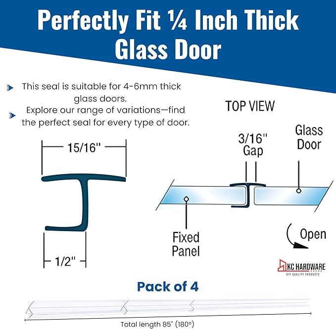 KC Hardware 85 Inch Frameless Shower Door Side Seal Strip, H-Type Glass Shower Door Seal Strip (180 Degree) for 1/4 Inch(4-6mm) Thick Glass, Water Guard That Prevents leaks, Ultra Clear (Pack of 4)