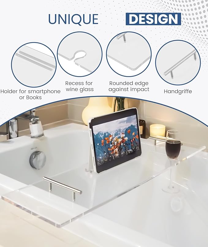 Acrylic Bathtub Tray Clear Bathtub Caddy Bath Tray Table for Tub Luxury Spa with Book and Wine Glass Holder Bathroom Accessories for Bathroom Decoration, Transparent 35.4inch
