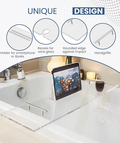Acrylic Bathtub Tray Clear Bathtub Caddy Bath Tray Table for Tub Luxury Spa with Book and Wine Glass Holder Bathroom Accessories for Bathroom Decoration, Transparent 35.4inch