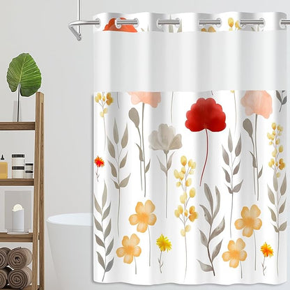 No Hook Shower Curtain Set with Snap in Fabric Liner for Bathroom,with See Through Top Window,Double Shower Curtain with Detachable Liner Replacement,Machine Washable,White Floral,71"x 74"