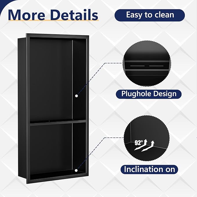 Neodrain No Tile Shower Niche, Stainless Steel Wall Cabinet 25.1"X13.1"(Inner Size 24"X12"), Two-Tier Bathroom Shelf, NO Tile Needed Recessed Niche Shower for Bathroom Storage, Matte Black