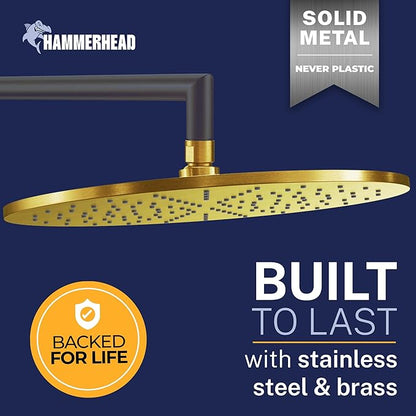 HammerHead Showers® Solid Metal 12 Inch Rainfall Shower Head, Large Rain Shower Head, 2.5 GPM High Flow Shower Head Optimized for Pressure, Wall-Mounted or Ceiling Rain Shower Head, Brushed Gold
