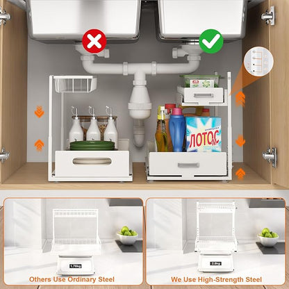 Under Sink Organizer,2 Tier Slide Out Kitchen Cabinet Organizers with Pulley,Under Bathroom Sink Pull Out Organizer with Multiple Height Adjustments for Kitchen and Bathroom Cabinets-White