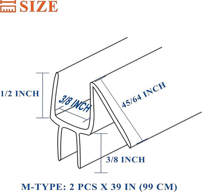 Frameless Shower Door Seal Strip 2 Pack x 39 Inch M Glass Shower Door Bottom Seal Side Seal Strip Door Sweep for 3/8" Glass Ultra-Clear Polycarbonate Stop Shower Leaks Create A Water Barrier
