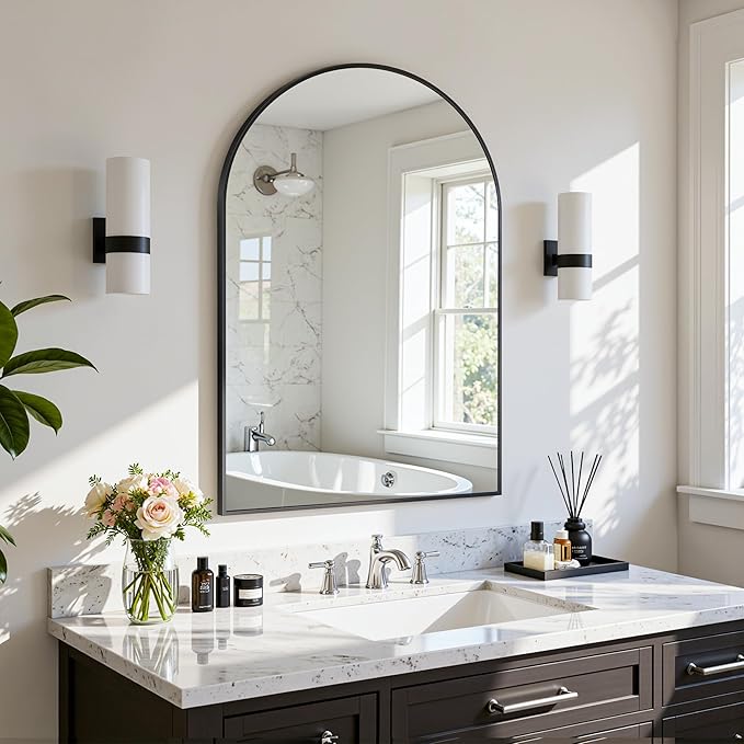Arched Mirror 20"x30", Bathroom Mirror, Wall Mounted Vanity Mirror with Arch Metal Frame for Bathroom, Over Sink, Bedroom, Living Room, Flat Frame, Black