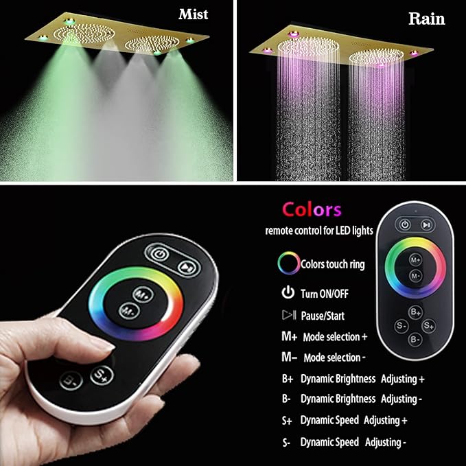 Brushed Gold Thermostatic Rain LED Shower System With Spa Body Jets, 12.5X24.5 Inch Large Horizontal Rectangle Ceiling Shower Head, Double Bath Shower Set Flow Can Be Controlled