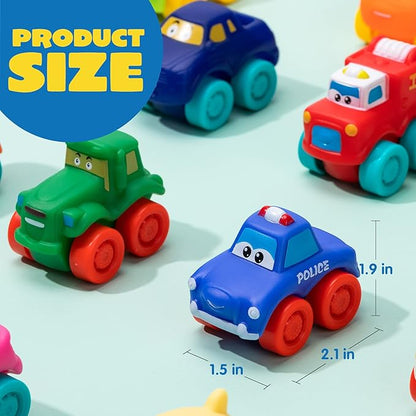 JOYIN Cartoon Cars, Soft Rubber Toy Car Set, Mini Vehicles, Bath Toy Car for Toddlers, Christmas Great Gift for Boys and Girls, Summer Beach and Pool Activity, Party Favors for Kids