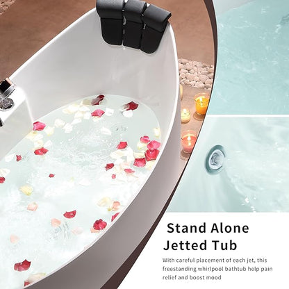 Empava 59" x 28" Freestanding Whirlpool Tub with Center Drain,560W Stand Alone Bathtub with 8 Hydromassage Jets, Unique Boat-Shaped,Acrylic,ETL Certified