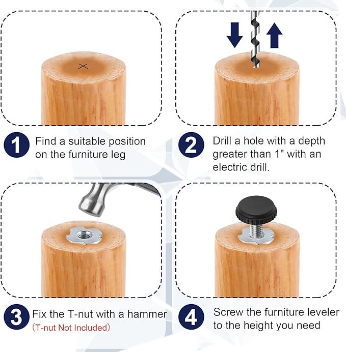 5/16"-18 Thread Levelers, 8 PCS Adjustable Furniture Feet, Screw in Leveling Feet for Table, Cabinets, Chairs, Stool Legs
